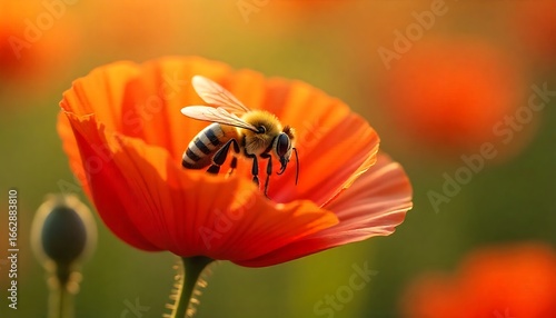 Close-up photograph of a bee with translucent wings flapping, dusted with golden pollen, on a vibrant red poppy in a sunlit summer meadow 
