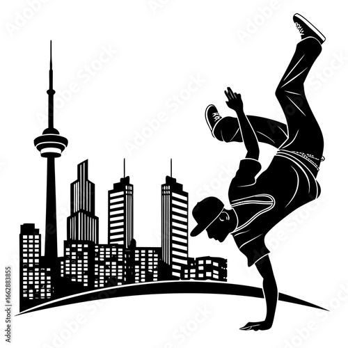 A black and white icon of a breakdancer in front of a city skyline. The dancer is striking a dynamic pose with one hand on the ground.