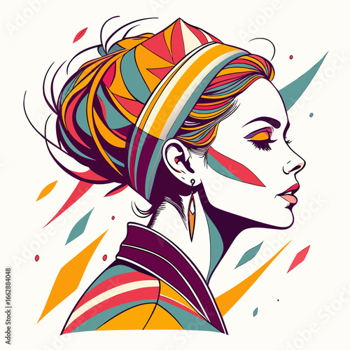 A stylized vector graphic shows a woman in profile with colorful geometric patterns in her hair and clothing.