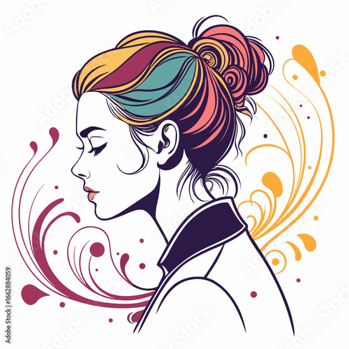 Vector art shows a woman in profile with a colorful updo, against abstract floral flourishes. 