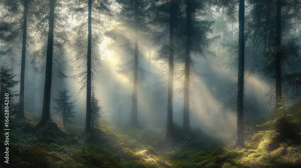 Obraz premium Sunlight streaming through tall pine trees in a misty forest creating serene and mystical atmosphere
