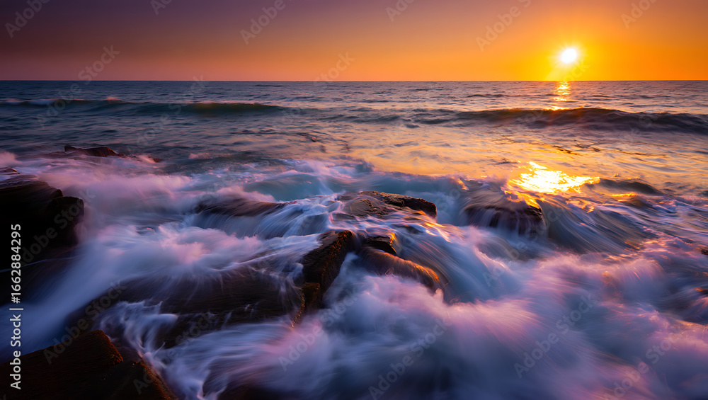 Naklejka premium Dramatic sunset over a rocky coastline with powerful ocean waves crashing against the shore creating a vibrant display of color and light