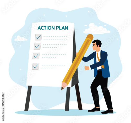Entrepreneurs write action plans with checklists on a whiteboard.