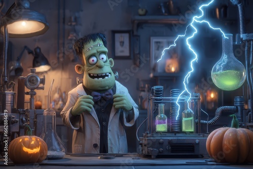Whimsical Halloween Science Lab with Frankenstein-like Creature, Glowing Green Potions, and Lightning Effects for Festive and Spooky Atmosphere