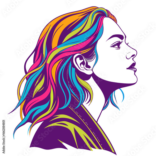Illustration of a woman's head and shoulders in profile. Her hair is colorful with shades of blue, orange, and pink, and she's facing right.

