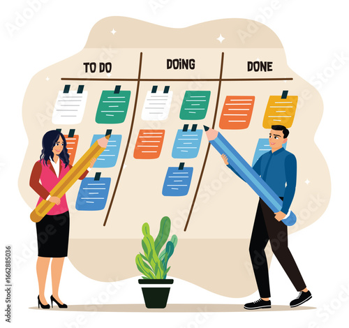Team collaboration using a kanban board for project organization.