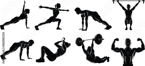 Silhouette fitness exercises, male and female workout poses, strength training, weightlifting, push-ups, sit-ups, bodyweight exercises, healthy lifestyle, gym workout vector art.