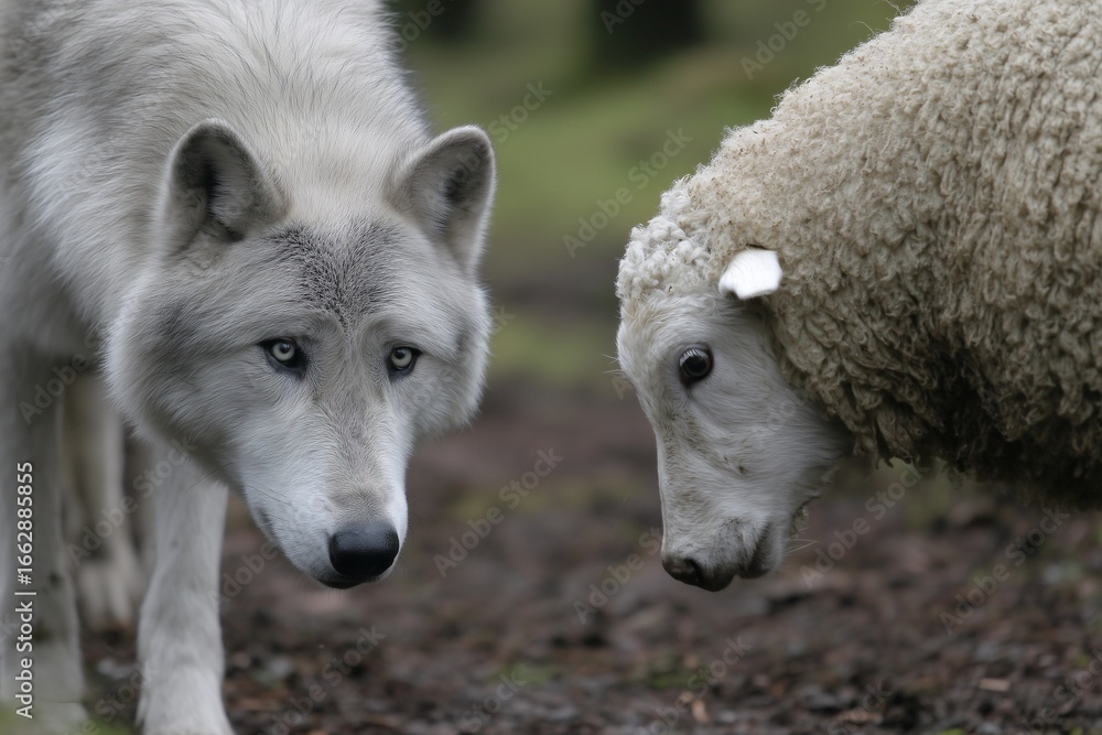 Obraz premium White wolf facing sheep in forest, Predator meets prey, Concept image of trust and danger
