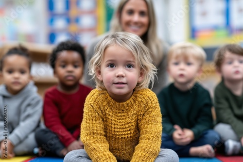 Child in yellow sweater sits cross-legged on classroom floor with other children and smiling teacher
