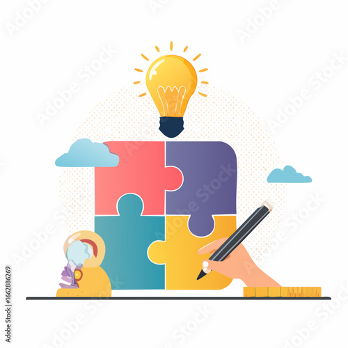 Trendy Halftone Collage Logic and critical thinking. Cognitive strategy for mind. Hand with puzzle, lightbulb, key and pencil. Idea of creativity.