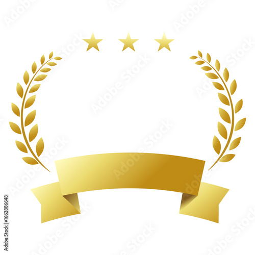 金色の月桂樹と金のエンブレムのイラスト。白背景にベクターイラスト。