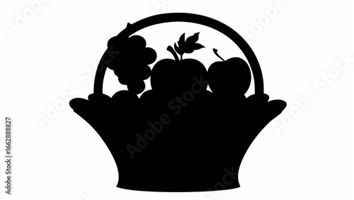 Silhouette image of a basket filled with fruits including grapes apples and plums in black and white style