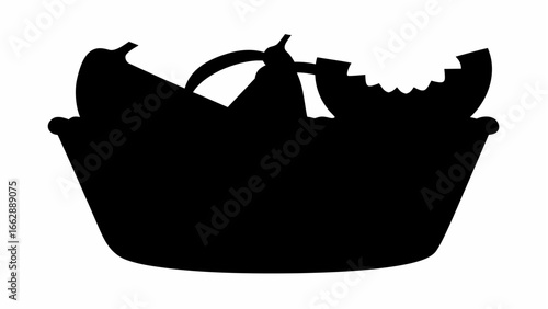 Silhouette drawing of a basket containing bananas and a partially eaten slice of watermelon image view