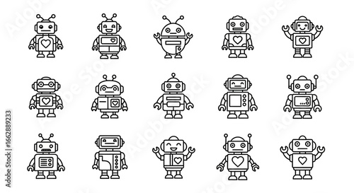 Playful collection of adorable robot icons ideal for children's designs or tech themed projects