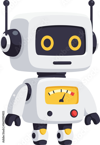 Cute robot character with friendly face and gauge, great for technology and education projects