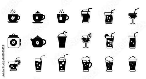 Vector glyph icon collection of hot and cold drinks, featuring coffee, tea, juice, and beer.
