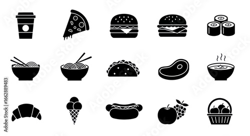 A diverse set of black food and drink icons in a simple glyph style, featuring meals, snacks, and desserts.