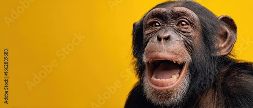 The cheerful monkey displaying a vibrant smile against a yellow background.