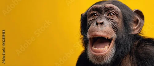 Obraz The cheerful monkey displaying a vibrant smile against a yellow background.