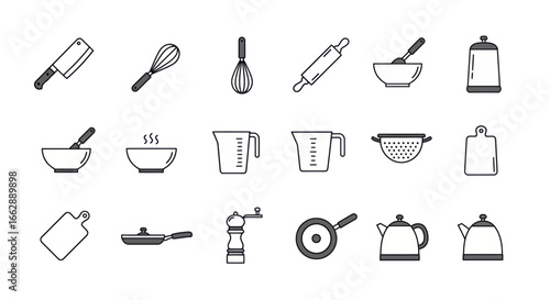 Minimalist line art icon set of various kitchen utensils and cooking equipment.