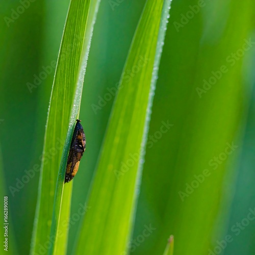Insect pupa on green leaf
