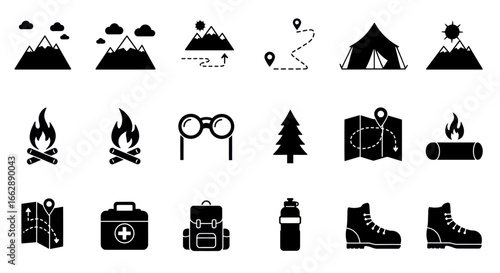 A set of black minimalist glyph icons for camping, hiking, and outdoor adventure activities.