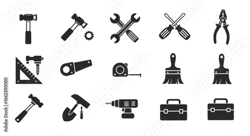 Black and White Hand Tools Collection: Hammer, Wrench, Screwdriver, Pliers, Saw, Drill