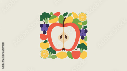 A flat, minimalist illustration of various fruits and vegetables arranged in a grid pattern against a white background. 