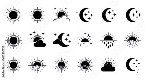 Collection of Black Sun and Moon Icons: Celestial, Weather, and Sunrise/Sunset Symbols
