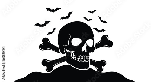 Spooky halloween skull and crossbones with bats flying high in the night sky