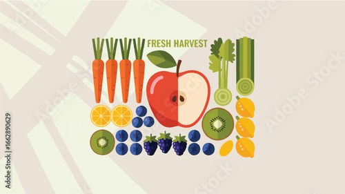 A flat, minimalist illustration of various fruits and vegetables arranged in a grid pattern against a white background. 