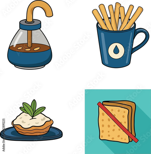 Four food icons: sauce dispenser, breadsticks in a mug, tart, and crossed-out toast.