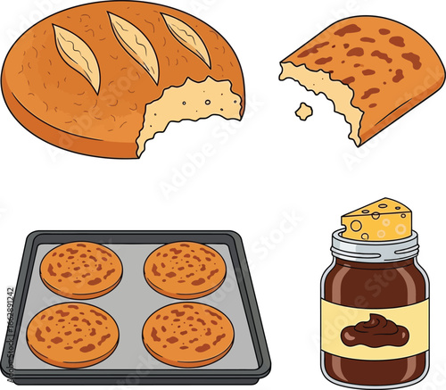Cartoon illustration of bread, flatbread, chocolate spread, and flatbreads on a baking sheet.