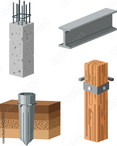 Illustration showing different construction materials: concrete pillar with rebar, steel beam, ground anchor, and wooden post with metal bands.
