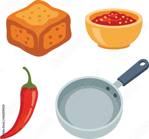 Illustration of tofu, chili sauce in a bowl, a red chili pepper, and a frying pan, all arranged on a white background.