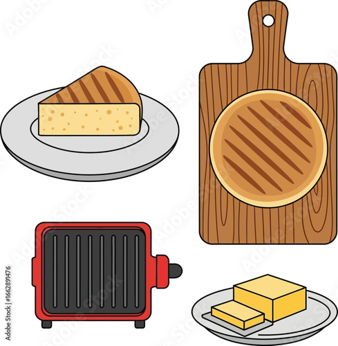 Grilled cheese, butter, and a cheese grater on a white background.