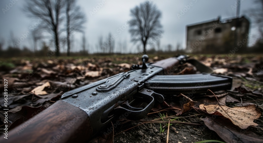 Obraz premium Abandoned Assault Rifle Lies on the Forest Floor