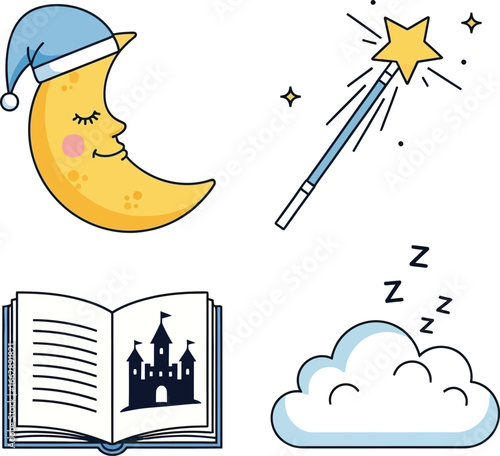 Sleepy moon, magic wand, fairytale book, and dreamy cloud evoke bedtime enchantment.