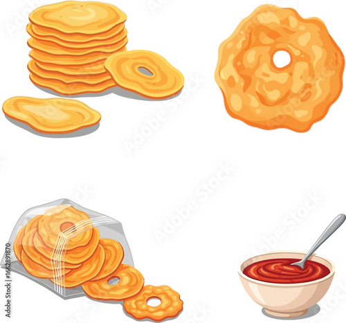 Crispy fried apple rings, stacked and in a bag, served with a dipping sauce.