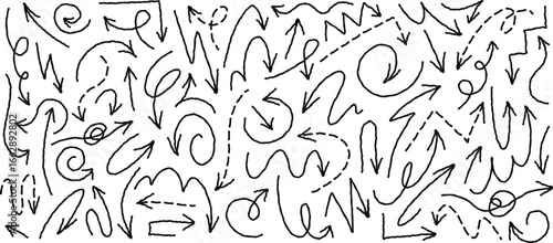 Hand drawn arrows, wavy and curved arrow pointers. Various shapes black arrow scribbles, dynamic direction pointer with pencil texture, dotted line arrow doodles, navigation design elements vector set