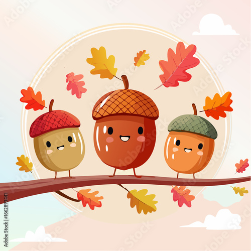 Cartoon acorns with cute faces and leaves