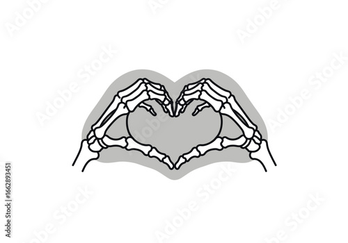 Spooky skeletons spell love with bone hands,  Ghoulish skeleton hands form a heart symbol, casting an eerie shadow on the white backdrop