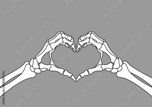 Skeleton hands forming a heart shape on gray background, Bony fingers creating a romantic gesture for Halloween