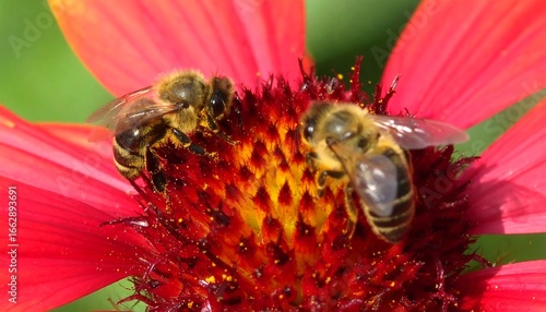 Two bees on a vibrant red flower (1)
