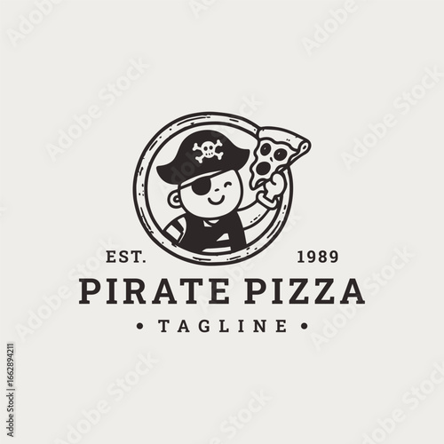 Pirate pizza logo in vintage style, symbol of flavor and adventure.