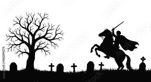 Spooky halloween scene silhouette of knight on horseback in graveyard with bare tree