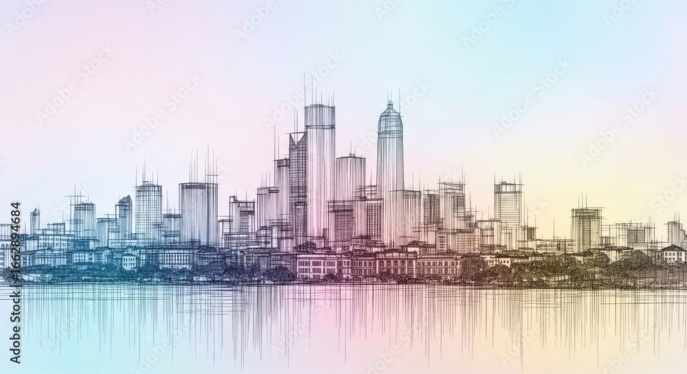 Fototapeta premium Colorful Cityscape Sketch With Pastel Background