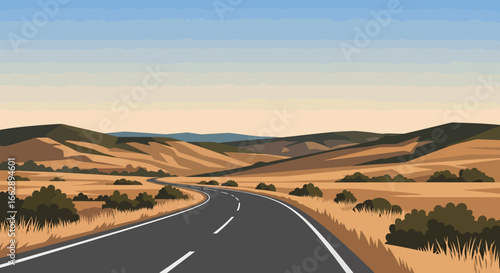 A winding asphalt road traverses a vast, arid desert landscape with rolling hills and sparse vegetation under a clear