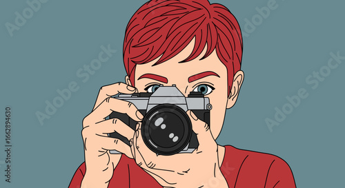 Close-up illustration of a person with bright red hair and blue eyes, holding a vintage film camera and looking through