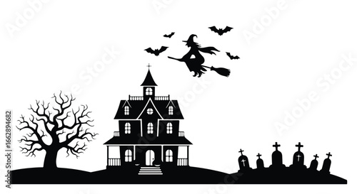 Spooky halloween scene haunted house witch flying bats graveyard silhouettes spooky night